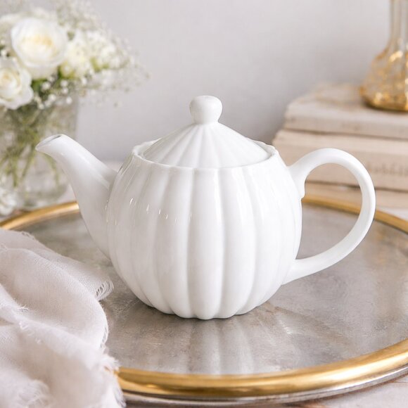White Fluted Porcelain Teapot w/ Scalloped Rim | New Old Stock - Picture 3 of 8